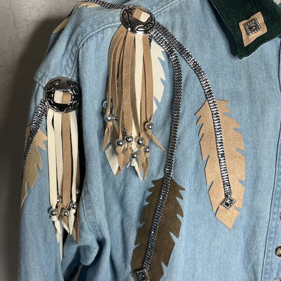 VTG Tillman Blue Denim Suede Fringed Horseshoe Western Shirt - Picture 2 of 14